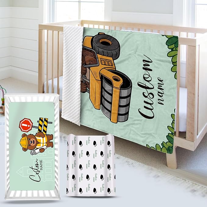 Personalized Baby Crib Bedding Set, Custom Name Bear Road Roller Theme Nursery Bedding Set 3 Pcs, Baby Blanket Fitted Crib Sheet Changing Pad Cover, Personalized Nursery Decor Gift for Newborns Boys