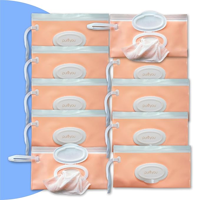 purifyou Portable Baby Wipe Case Travel Holder – Refillable Wipe Dispenser Pouches, Keeps Wipes Fresh & Moist, Lightweight, Durable, for Car, Diaper Bag, Stroller, Home & Travel (Set of 10, Pink)