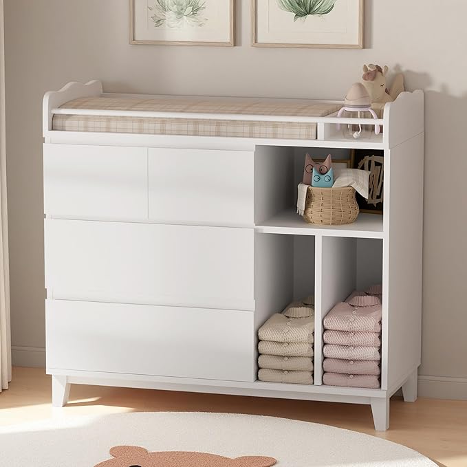 Baby Changing Table Top, Multi-Functional Nursery Changing Table, 4 Drawers with 2 Open Shelves, Bedroom, White