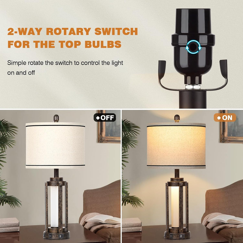 26" Farmhouse Table Lamps Set of 2, Vintage Rustic Industrial Beside Lamps with USB A+C Charging Ports & AC Outlet, Nightstand Lamp with Glass Night Light & Linen Fabric Shade for Living Room Bedrooms