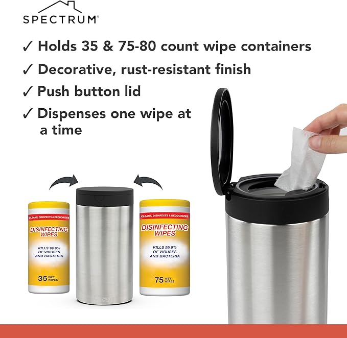 Spectrum Disinfecting Wipes Container Satin Nickel Refillable Stainless Steel Wipe Holder for Bathroom Kitchen School Classroom, Reuseable Push Button Wet Wipe Dispenser for Cleaning Countertop