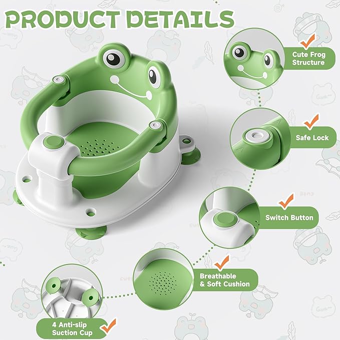Baby Bath Seat for Babies 6 Months & Up - Toddler Bath Seats for Baby Sitting Up with 4 Suction Cups & Soft Cushion, Non-Slip Infants Shower Bathtub Chair for Newborn Boys Girls, Green