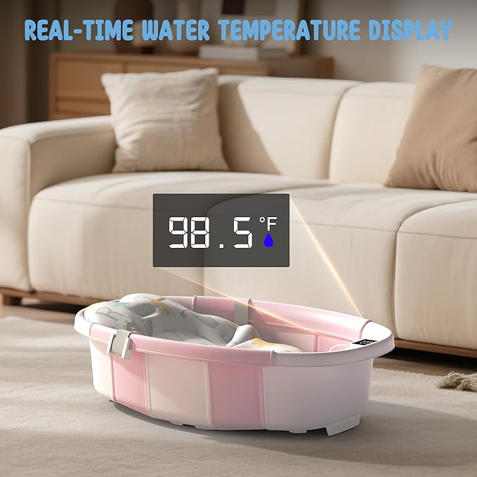 Collapsible Baby Bathtub, 3s to Install, Baby Bath Tub with Soft Cushion & Thermometer, 0-36 Months Newborn Bathtub,Portable Travel Baby Tub, Pink