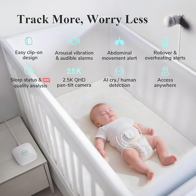 Sense-U Pro Smart Baby Monitor Bundle with 2.5K QHD Pan-Tilt-Zoom Camera: Tracks Breathing Movement, Rollover & Overheating with Cry Detection, Background Audio, Security Wi-Fi Video Camera