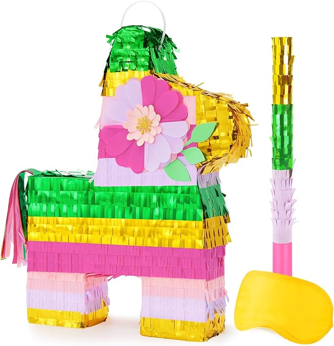 WERNNSAI Hawaiian Donkey Piñata - Rainbow Donkey Pinata for Summer Party Supply Cinco De Mayo Luau Carnivals Favor Mexican Fiesta Party Decorations with Blindfold&Bat