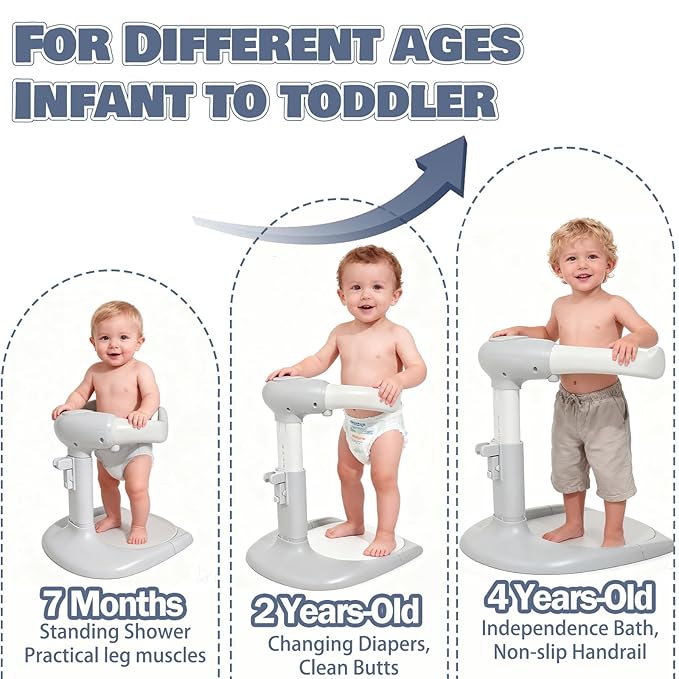 Baby Shower Stand Adjustable Toddler Shower Standing Support with Anti-Slip Base Infants Bath Support for 8-36 Months Portable Bath Helper (Grey)