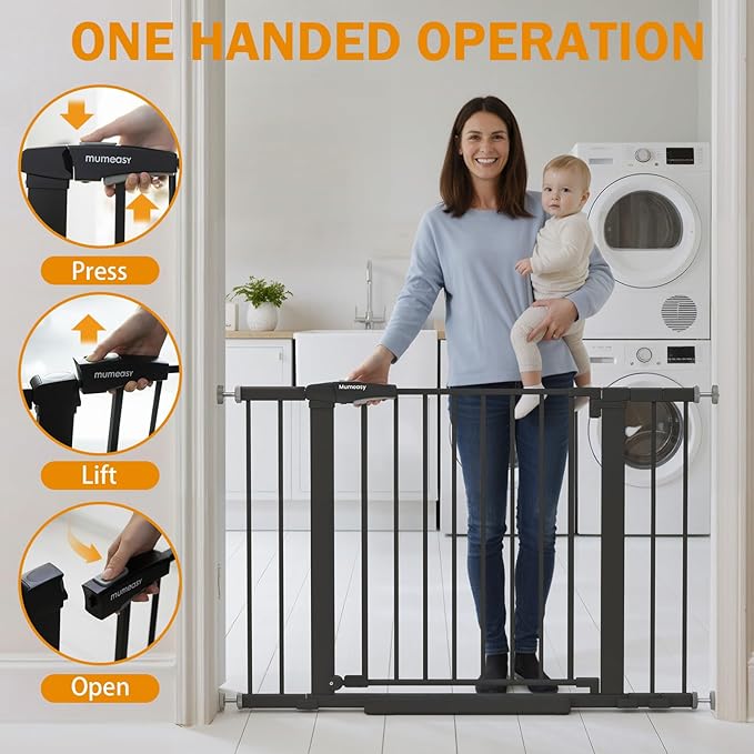 Baby Gate for Stairs, 29.7-43" Auto Close Dog Gate for Doorways & Hallways, Pressure Mounted Pet Gate with Walk Thru Door, Easy Install Safety Gate for Children & Pets, No Drilling, Dual-Lock Design