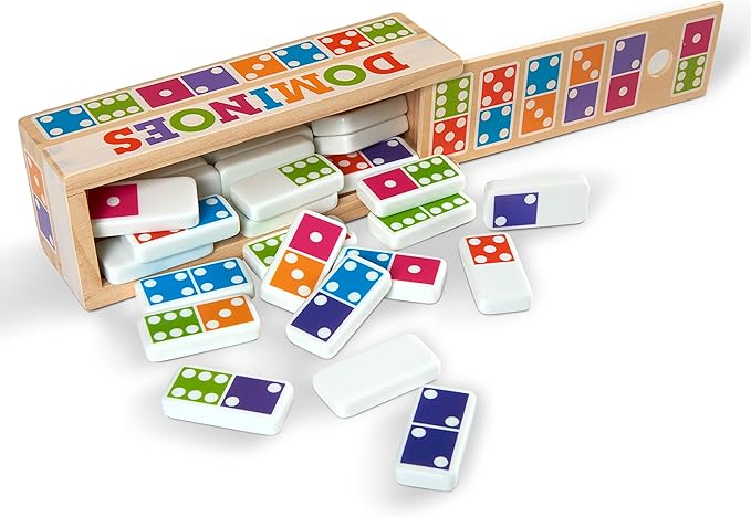 Melissa & Doug Dominoes Tabletop Game with 28 Colorful Tiles in Wooden Storage Box