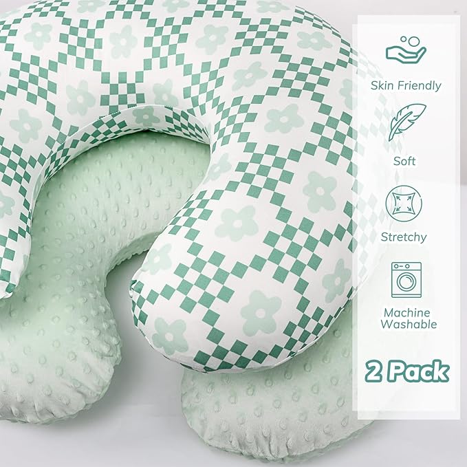 Pea Pod Minky Nursing Pillow Cover 2 Pack, Removable Nursing Cover for Breastfeeding Pillows, Soft and Comfortable Pillow Slipcover for Baby Girls Boys Newborn, Green& Checkered