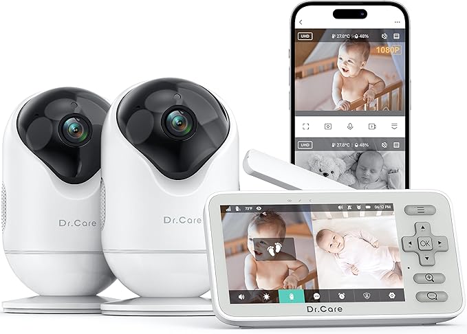 Dr.Care VistaView Lite Smart WiFi Baby Monitor with 2 Cameras- 4” 720P Split Screen & 1080P Camera App Control, Motion Alerts, Night Vision, 3000mAh Battery, 2-Way Talk, Triple Security, 1000ft Range