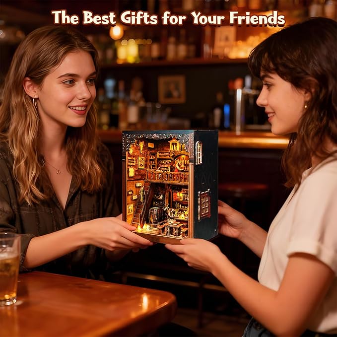 DIY Miniature House Kit, Book Nook Kit, 3D Wooden Puzzles Bookshelf Craft Kits, Dollhouse Kit with LED Light, Mini Building Kit for Adults Teen to Build (Old Time Tavern)