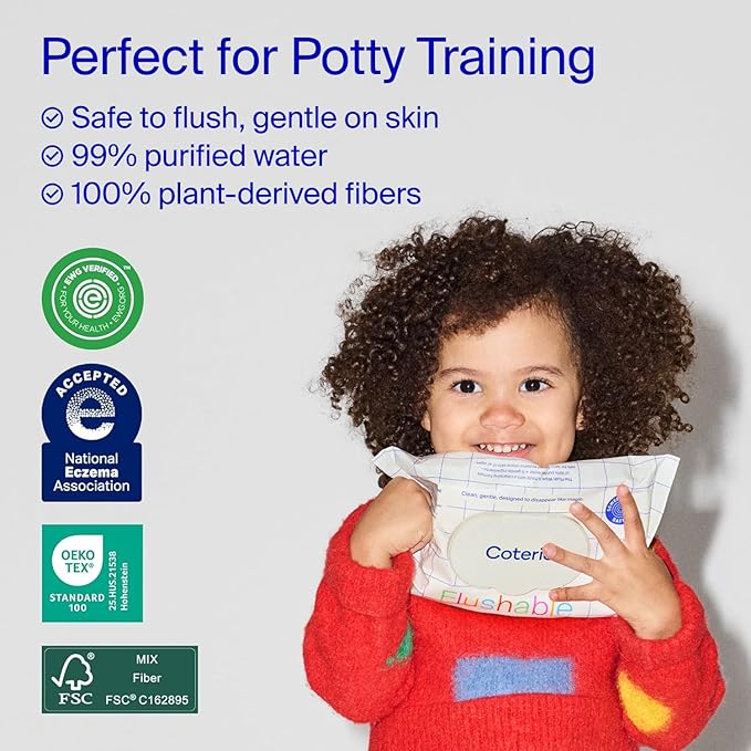 Coterie Flushable Wipes for Toddlers, Designed for Potty Training, Safe for Sensitive Skin, Hypoallergenic, 99% Water, Plant-Based, Fragrance Free, Sewer & Septic Safe, 16 Pack (448 Wipes)