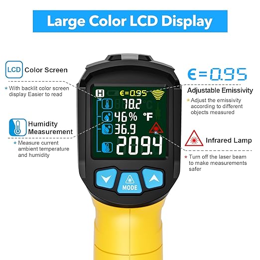 Infrared Thermometer Temperature Gun,-58°F to 1472°F Non Contact Digital IR Laser Thermometer Temp Gun with Probe & Humidity Measurement for Cooking,Griddle,Engine,HVAC,Adjustable Emissivity