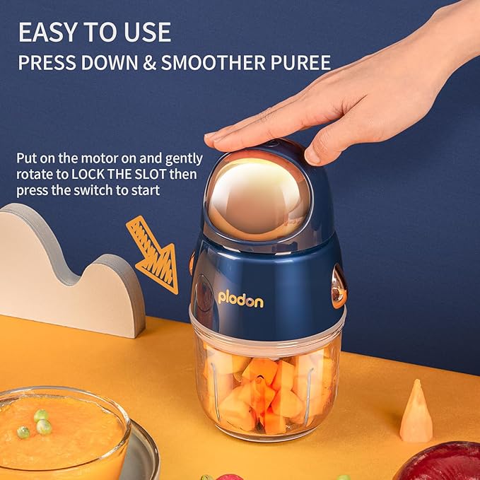 Baby Food Maker Mini Cute and Small Food Processor Puree Blender Grinder Chopper with 2 Glass Bowls(0.6L+0.3L) 8 Blades Electric (Without Battery) -2 Bowls