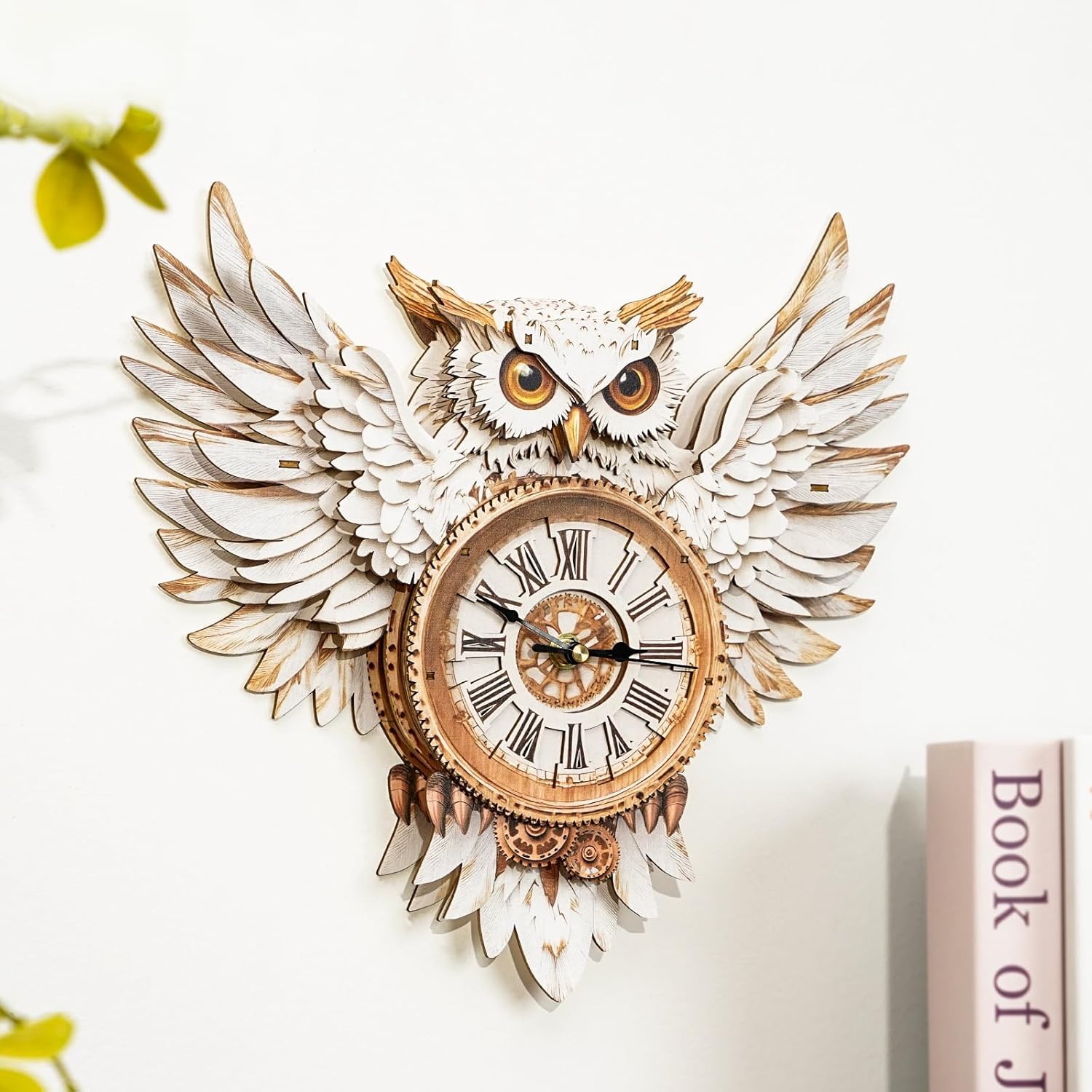 3D Puzzles for Adults Clock-Snowy Owl Design Model Kit-Mechanical DIY Pendulum Clock with Roman Numerals-Desk Home Office Decor Personalized Gift for DIY Lovers