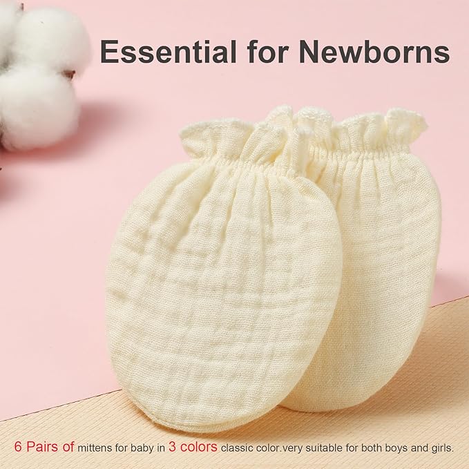 Newborn Mittens No Scratch 100% Cotton Mitts Boy Girl baby mittens 0-6 months 6 Pack