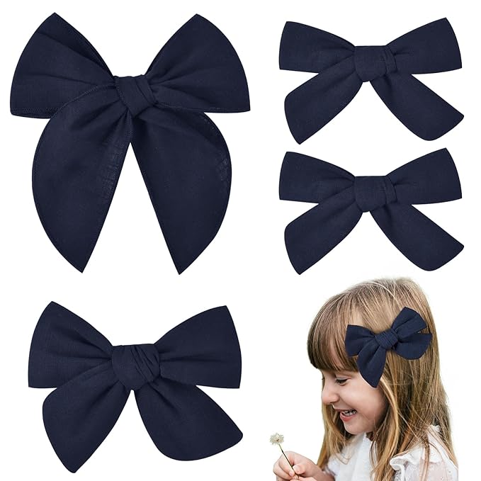 DEEKA 4 PCS Navy Blue Cotton Linen Hair Bows 3 Styles 5" & 4" Handmade Hair Bow set for Toddler Girls Alligator Hair Clips Knot Bows Hair Accessories for Little School Girls (Navy Blue)