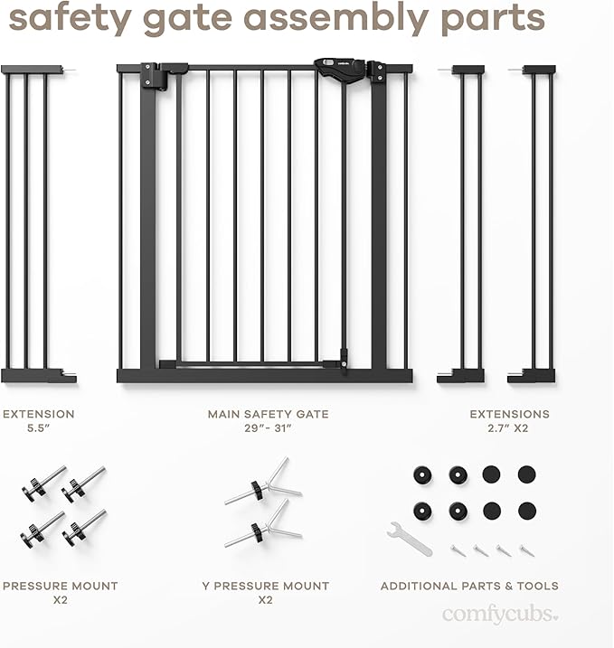 Comfy Cubs Baby Safety Gate with 3 Extensions - Adjustable 42" x 1.9" x 30" Q195 Steel Doorway Barrier - Powder-Coated Finish for Stairs and Doorways - Walk-Through Design Pet Gate - Black