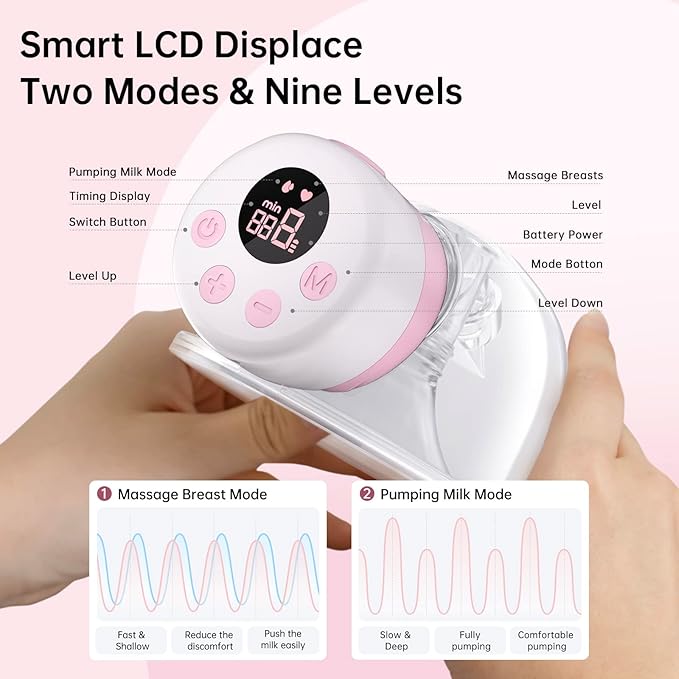 TSRETE Breast Pump, Double Wearable Breast Pump, Electric Hands-Free Breast Pumps with 2 Modes, 9 Levels, LCD Display, Memory Function Rechargeable Double Milk Extractor-27mm Flange, Pink