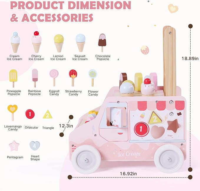 labebe Wooden Baby Walker, Push Activity Walker for Kids 12M+, Multifunctional Ice Cream Cart Activity, Adjustable Speed Learning Walking with Wheels, Birthday Gift for Girls Boys Ages 1-3 (Pink)