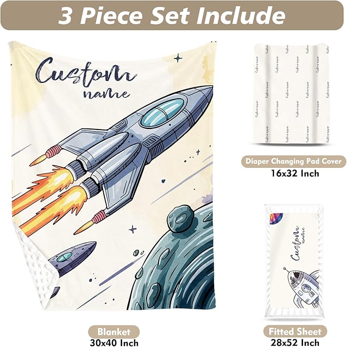 Personalized Baby Crib Bedding Set – Rocket Launch Theme Nursery Bedding Sets 3 Piece with Custom Name Blanket, Fitted Crib Sheet & Changing Pad Cover – Ideal Newborn Gift for Boys