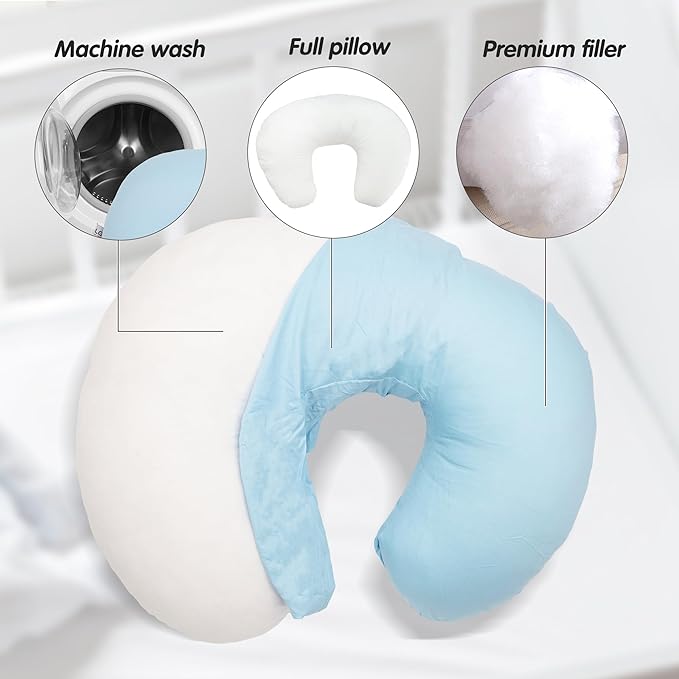 LAT Nursing Pillow for Breastfeeding,100% Cotton Removable Cover,Ergonomic Breast Feeding Pillows for Mom and Baby,Machine Washable(Baby Blue)