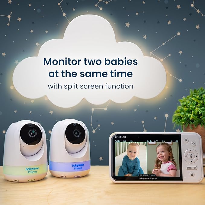 Babysense Prisma Baby Monitor with Camera and Audio, 5” HD Video Baby Monitor with 2 Cameras, 6-Color Night Light, Split Screen, Sound Machine with White Noise & Lullabies, Secure No WiFi