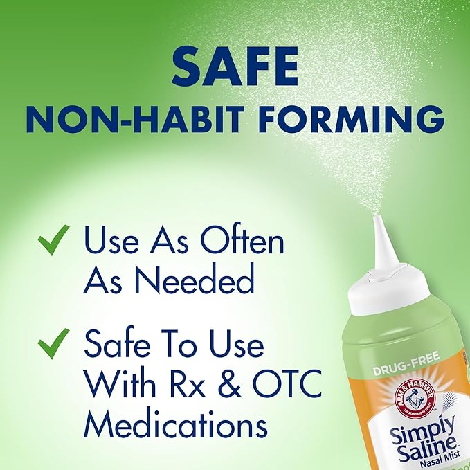 Arm & Hammer Simply Saline Moisturize & Soothe Nasal Mist, Drug-Free Moisturizing Saline Nasal Spray for Instant Relief for Dry Nose, 4.6 Oz (130 g), 3 Pack