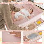 INFANS Baby Changing Table with Wheels, Portable Folding Diaper Station Nursery Organizer with Storage Basket, Hanging Rack, Adjustable Height, Safety Belt for Newborn Infant (Light Pink)