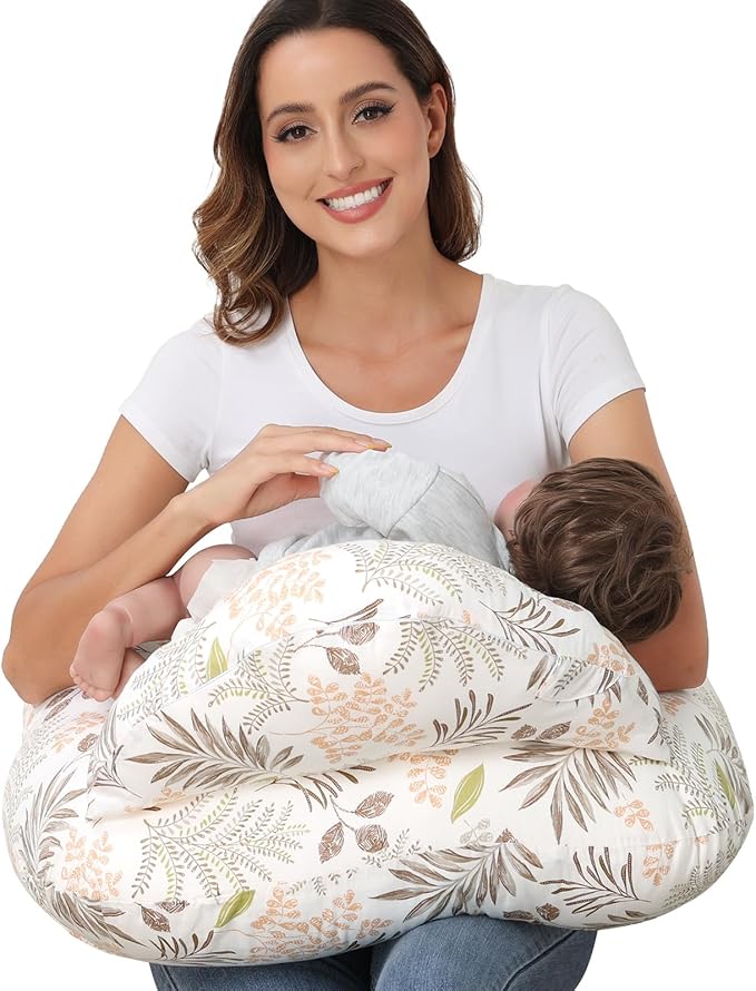 Nursing Pillow for Breastfeeding, Breastfeeding Essentials for Newborn, More Support for Mom and Baby, with Adjustable Waist Strap and Removable Cotton Cover (Big Leaves)