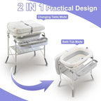 2-in-1 Baby Bathtub with Changing Table, Foldable Diaper Changing Station with 4 Wheels, Waterproof Pad, Storage Rack and Baby Bath Tub, Adjustable Height Portable Nursery Organizer for Newborn Infant