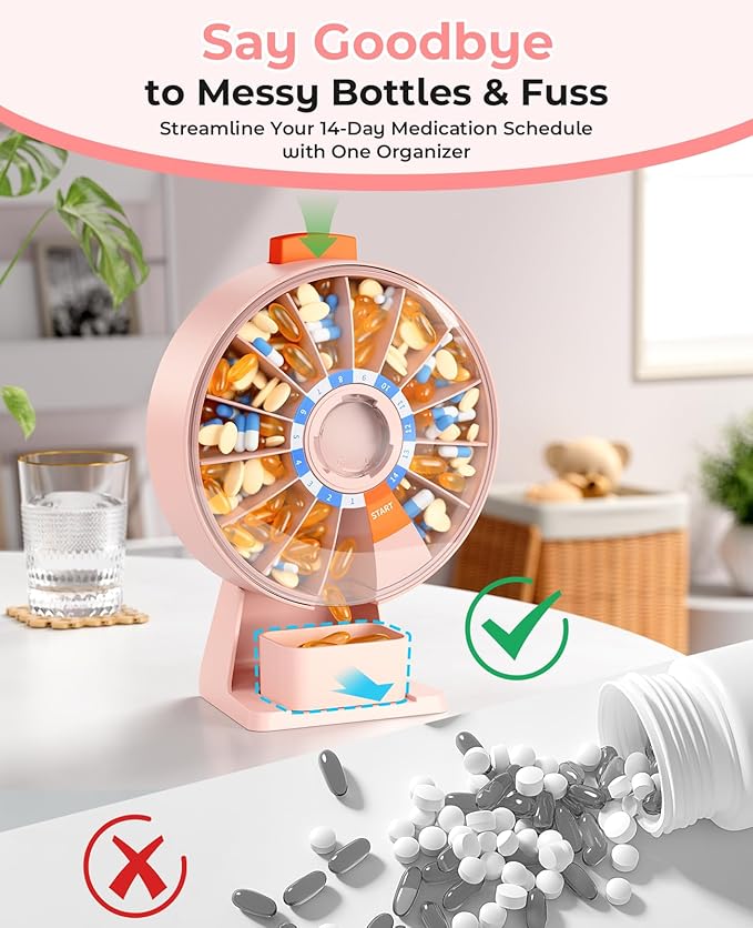 Daviky Pill Dispenser Daily, Large Pill Organizer with Wall-Mounted or Standing Use, 14 Days Pill Container, Push Button Design, Weekly Pill Box for Vitamin, Medicine,Supplement, Fish Oil(Pink)