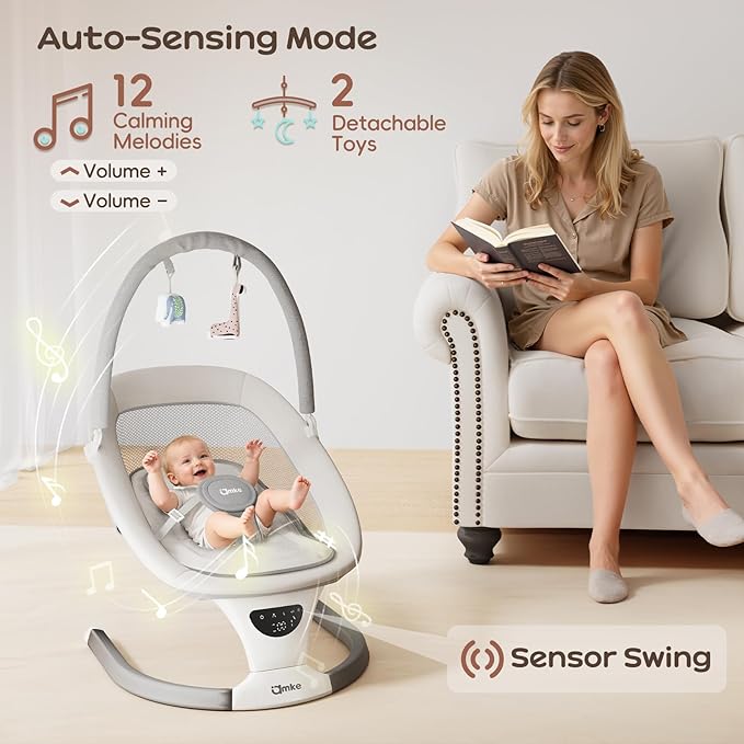 AMKE Baby Swing for Infants with Spacious & Breathable Mesh Seat - 5-Point Harness, Portable Swing Rocker, 5 Sway Speeds & 3 Timer, 12 Lullabies for Newborn Max 20 Lbs