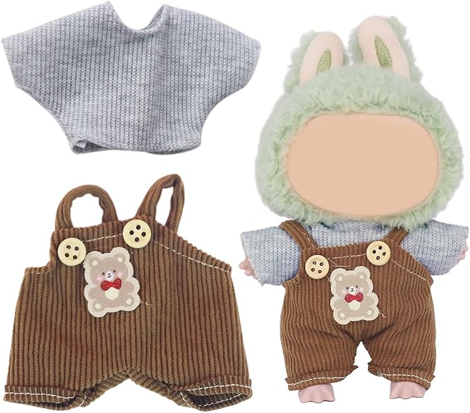 2-Piece Doll Clothes Set – Adorable Bear Themed Bib Pants & Gray T-Shirt for 15cm/17cm Dolls – Perfect Outfits Accessories Fits 15cm Dolls (No Doll)