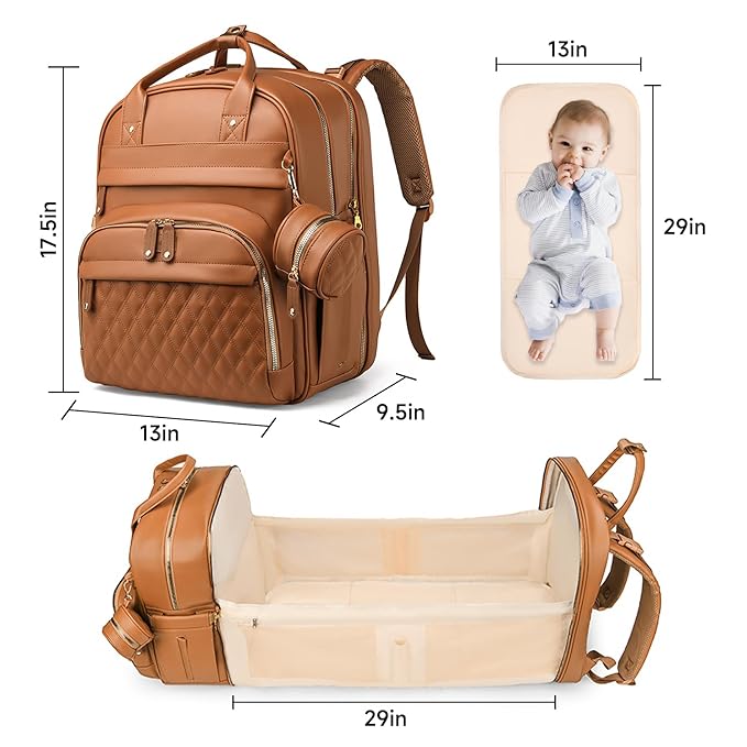 Leather Baby Diaper Bag with Changing Station,Extra large Capacity Baby Diaper Bag Backpack(Brown)