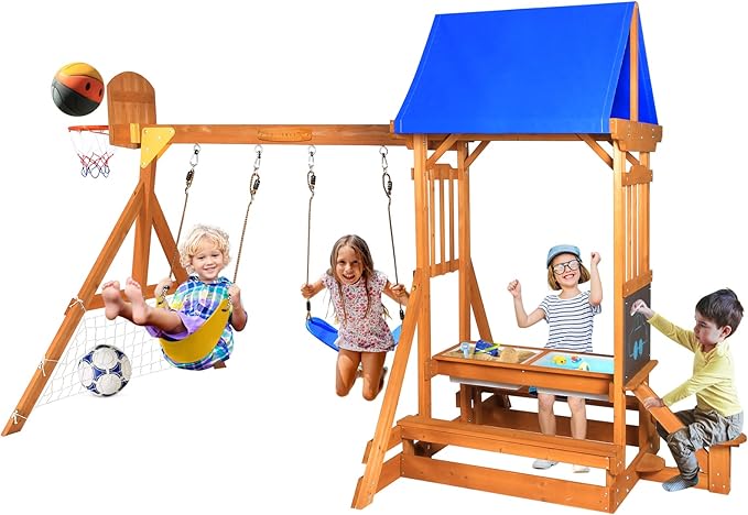 6-in-1 Wooden Playground Playsets for Backyards, Outdoor Swing Sets for Kids Ages 3-6, Little Playground Set with Picnic Table, Drawing Board, Sandbox, Swings, Basketball Hoop & Soccer Net