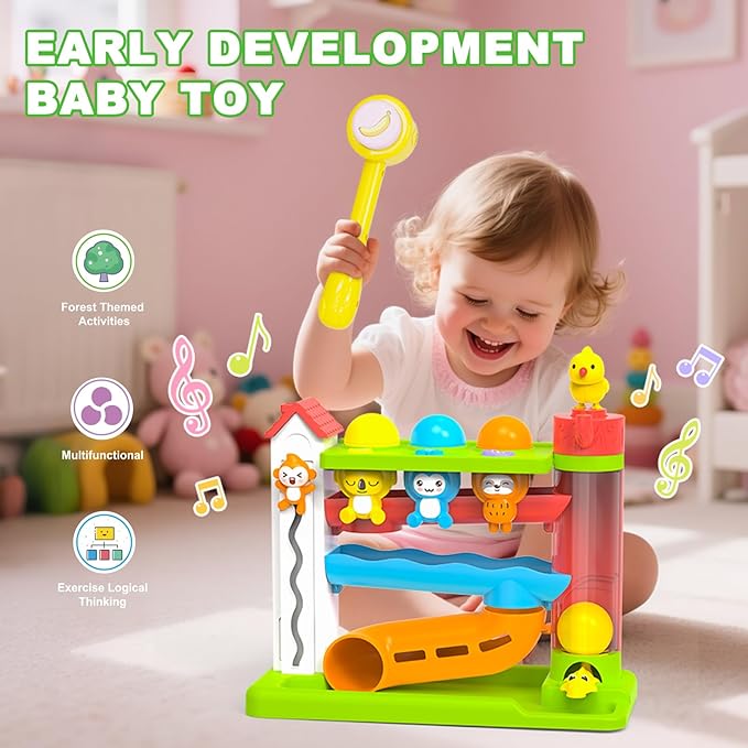 Toddler Musical Toys for 1+ Years Old Boy,Motor Skills Developmental Baby Toy 12-18 Months,Bilingual Toddler Learning Ball Drop Toy， Birthday Gift Toys for 1 2 Year Old Boys & Girls(Green)