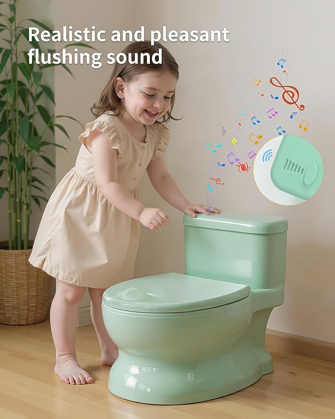 Realistic Potty Training Toilet - Flushing Sounds, Wipes Storage, Disposable Liners, Easy to Clean for Toddler Boys and Girls, Green