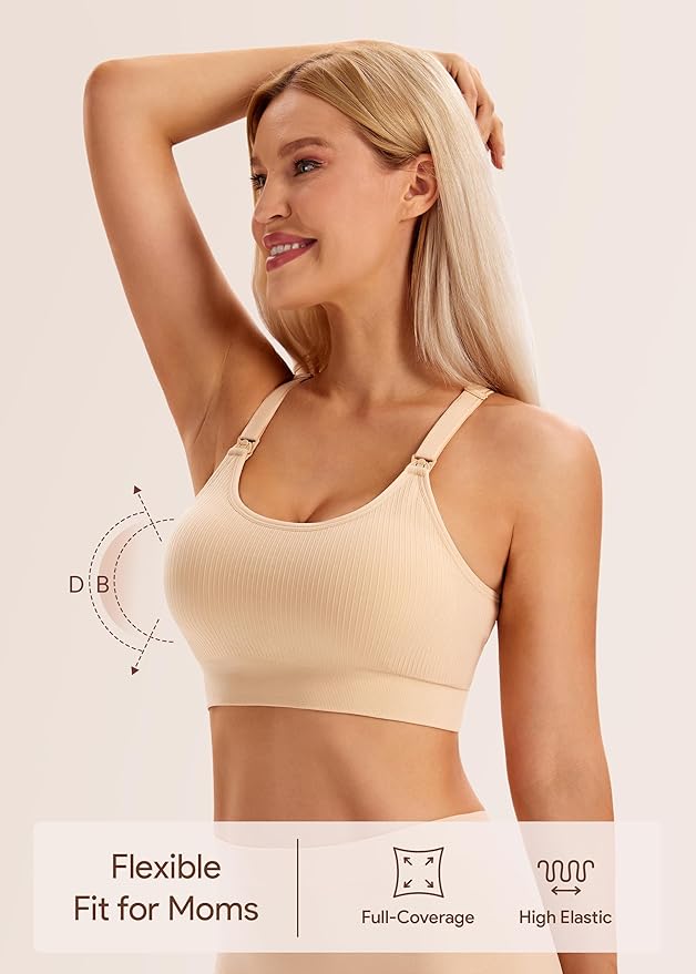 Angelhood Nursing Bras for Breastfeeding, Ribbed Nursing Sports Bra Yoga Maternity Bras Pregnancy Sleep Bralette