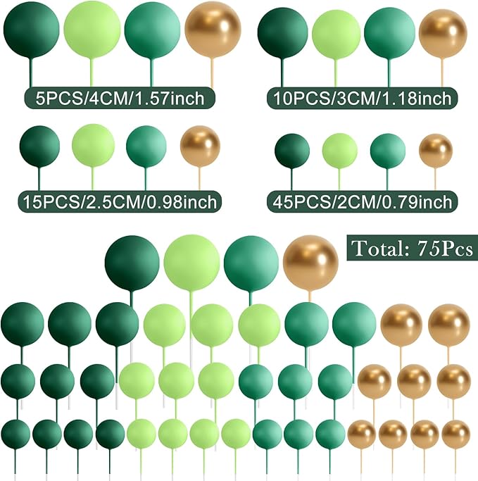 75 Pieces Cake Balls Topper Decorations Foam Cupcake Topper Mini Balloon Balls Cake Picks for Deco Birthday Party Wedding（Green Gold Series）