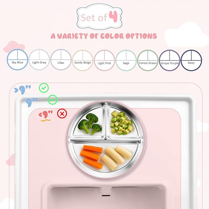 Stainless Steel Suction Plates for Toddlers, 9" Divided Kids Baby Plates with Removable Silicone Suction, Non Toxic Non Slip Portion Control Snack Dishes 4 Packs, Blue Green Gray Pink