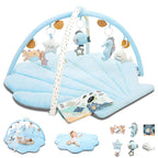 Baby Play Gym Mat, Oversize Tummy Time Activity Mat for Babies 0-6 Months, Shells Shaped Baby Play Mat with 6 Detachable Toys, Baby Mat for Floor Sensory Exploration Motor Skill Development (Blue)