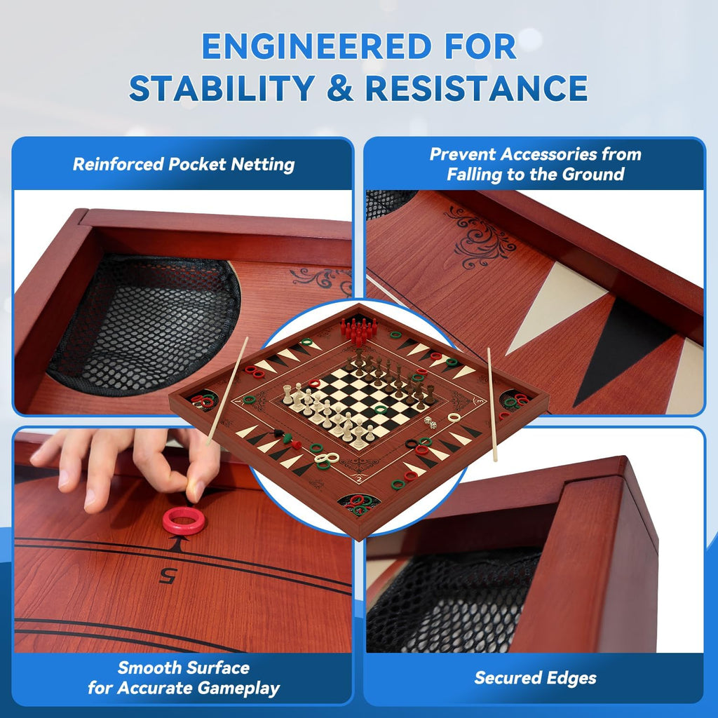 Board Game Set for Adults Family Night, 27.5 Inch Crokinole/Backgammon/Bowling Game/Tabletop Flicking Game with Discs, All in One Carron Board Game Set