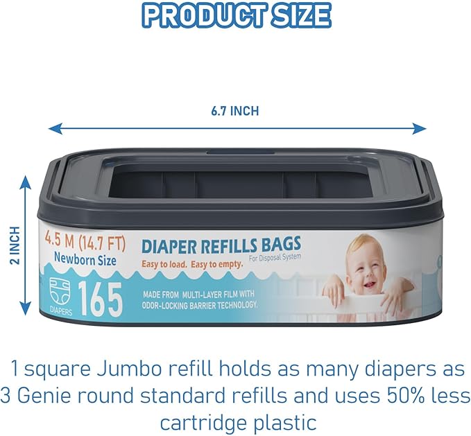 Square Starter Refills Disposal Bags Refill Compatible with Diaper Genie Classic, Compact and Select Pails, Hold Up to 165 Newborn-Sized Diapers Per Refill, 6 Pack