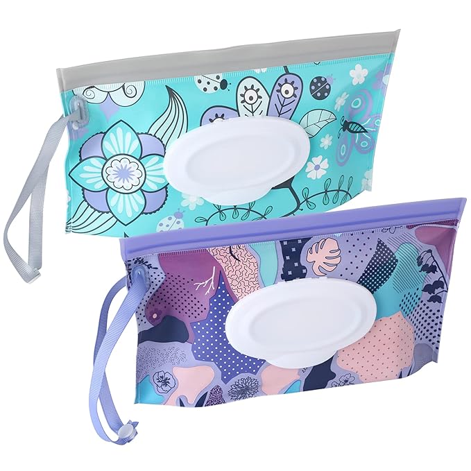 FEBSNOW 2 Pack Baby Wipe Dispenser, Reusable Portable Wipe Holder, Baby Wipes Container, Travel Baby Wipes, Refillable Wet Wipe Pouch (Floral)