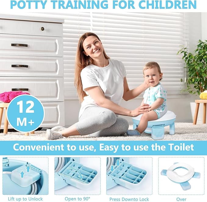 Portable Travel Potty, Training for Baby to Toddler, Travel Toilet Seat with Charts and Storage Bag, Folding Potty for Kids Boys Girls Indoor and Outdoor (Blue)