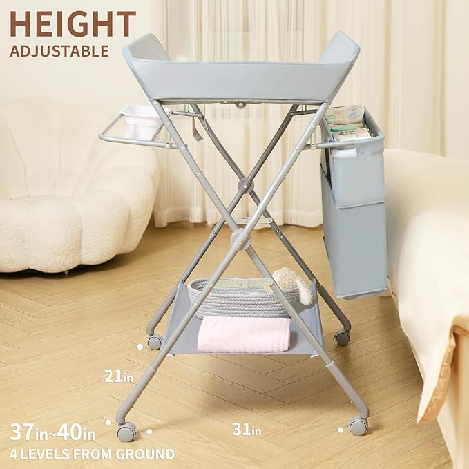 KARAOK Foldable Baby Changing Table with Wheels, Portable Diaper Changing Station with Large Storage Bag & 4-Level Adjustable Height for Newborn, Infant