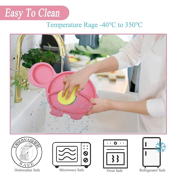 Silicone Suction Plate spoon fork sets for Toddlers,Divided Plate Dish Placemat Bowl for Baby Kids Infant Self Feeding Training，Fits Most Highchairs, BPA Free Microwave Dishwasher Safe-Pink