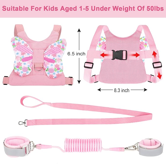 Accmor Toddler Harness Leash + Anti Lost Wrist Link, 2 Pack Cute Kids Butterfly Harness Leashes, Adorable Baby Leash Walking Assistant Wristband Strap Tether for Girls Outdoor (Pink + Purple)