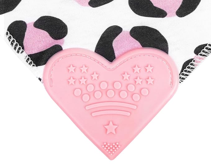 Pickle & Olive - Baby Bandana Girl Teething Bibs with Attached Silicone Teether - Set Of 4 -Leopard